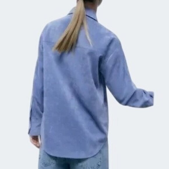 Zara Fine-Waled Corduroy Oversized Blue Button-Up Shirt With Pocket Size XS - Picture 16 of 16